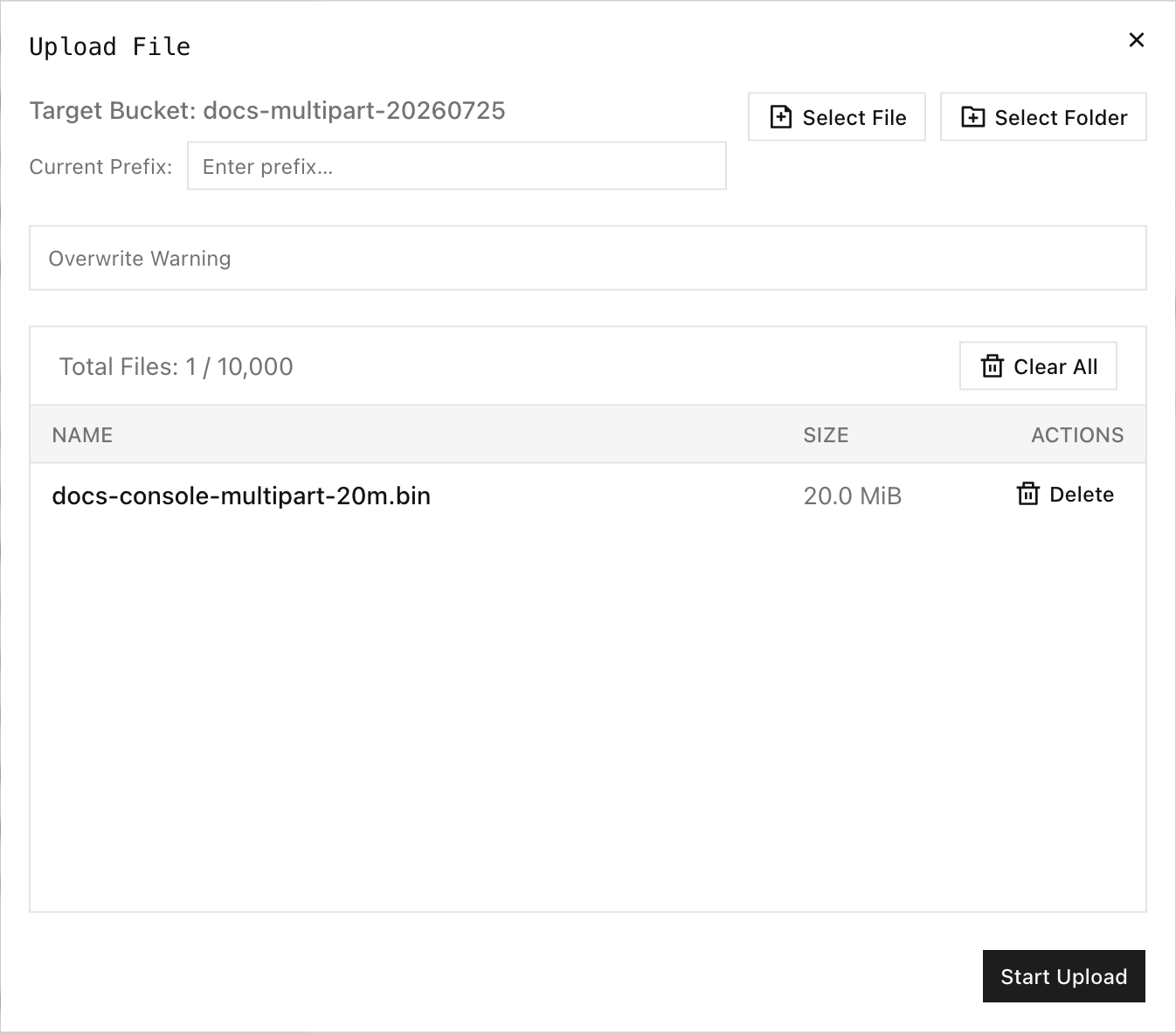 Console upload dialog with a selected large file